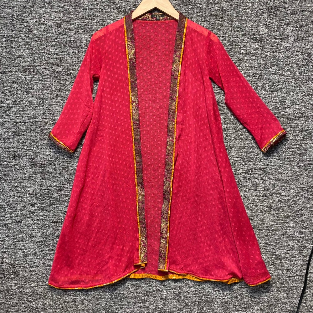 J Girls Sheer Dotted Tunic Cardigan Womens  10 Pink Brocade Trim Fairycore Boho